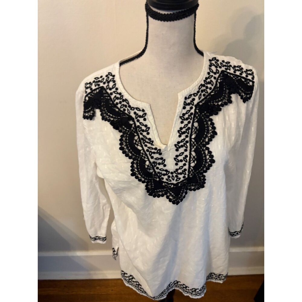 Talbots Women's Embroidered Tunic Top – Medium Boho Cotton 3/4 Sleeve